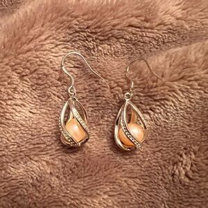925 Sterling Silver Peachy Pink Pearl Elegant Oval Twist Dangle Earrings